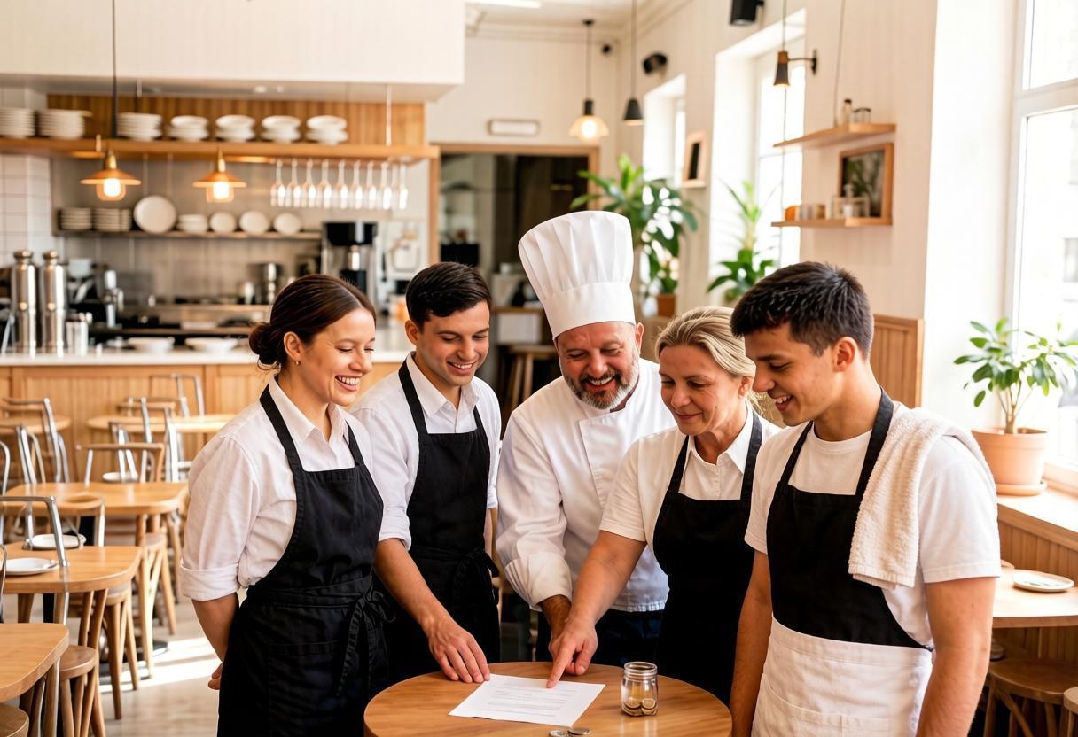 Restaurant floor, bar and kitchen staff reviewing tip-sharing rules together before service