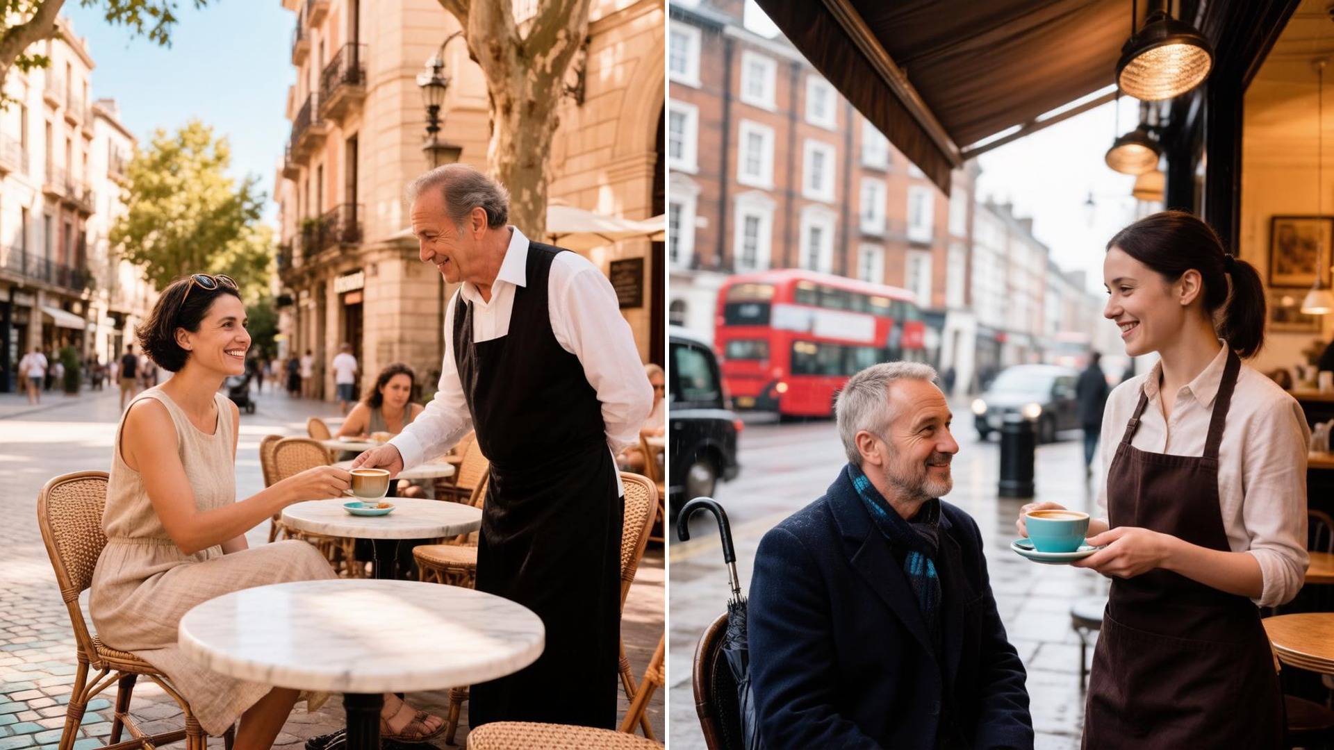Two scenes side by side: on the left, a waiter serves a cup to a woman guest at a sunny café terrace in Barcelona; on the right, a waitress serves a cup to a male guest in the rain on a London street, with a red double-decker bus behind them.