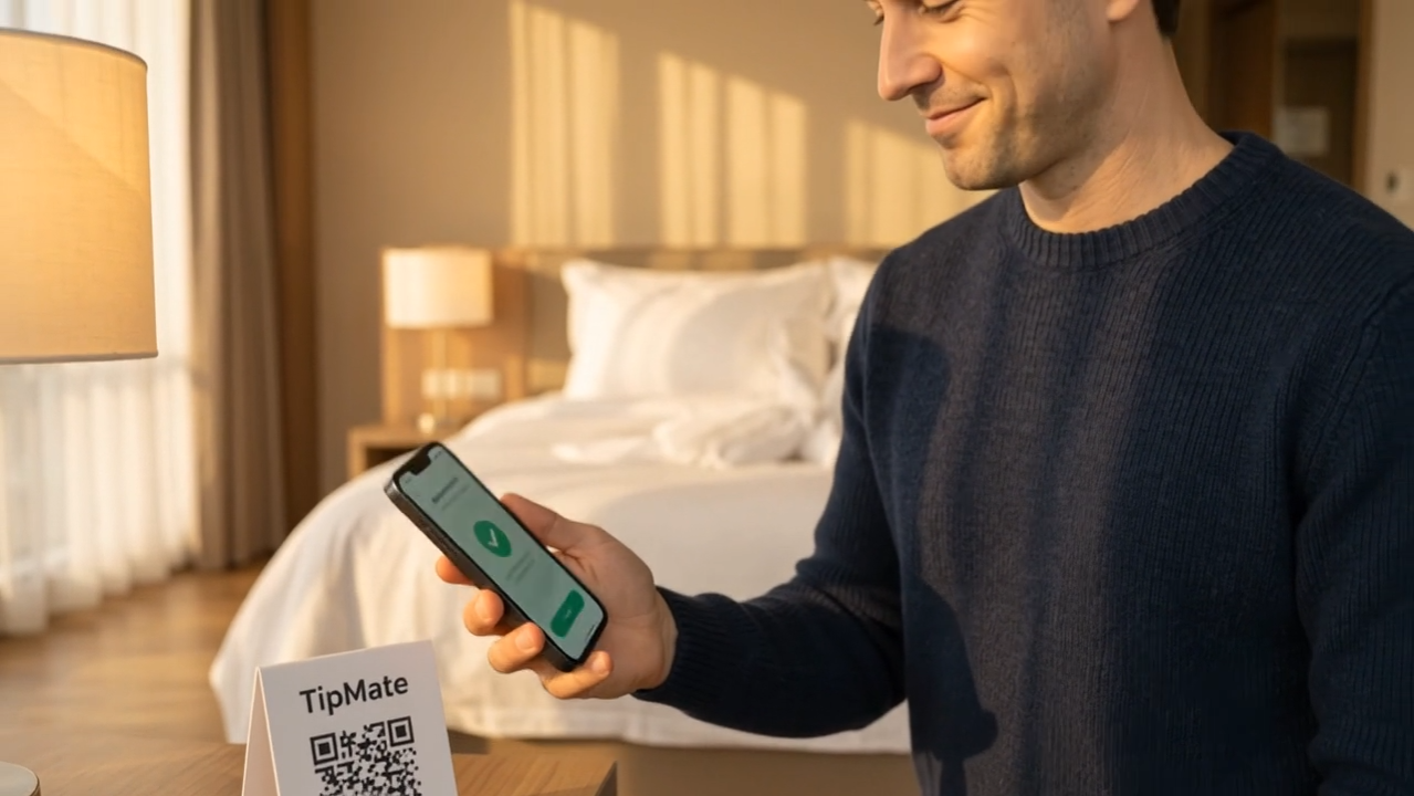 Un huésped sonríe mirando el móvil con una propina digital confirmada, junto a un soporte QR de TipMate en la mesilla de una habitación de hotel